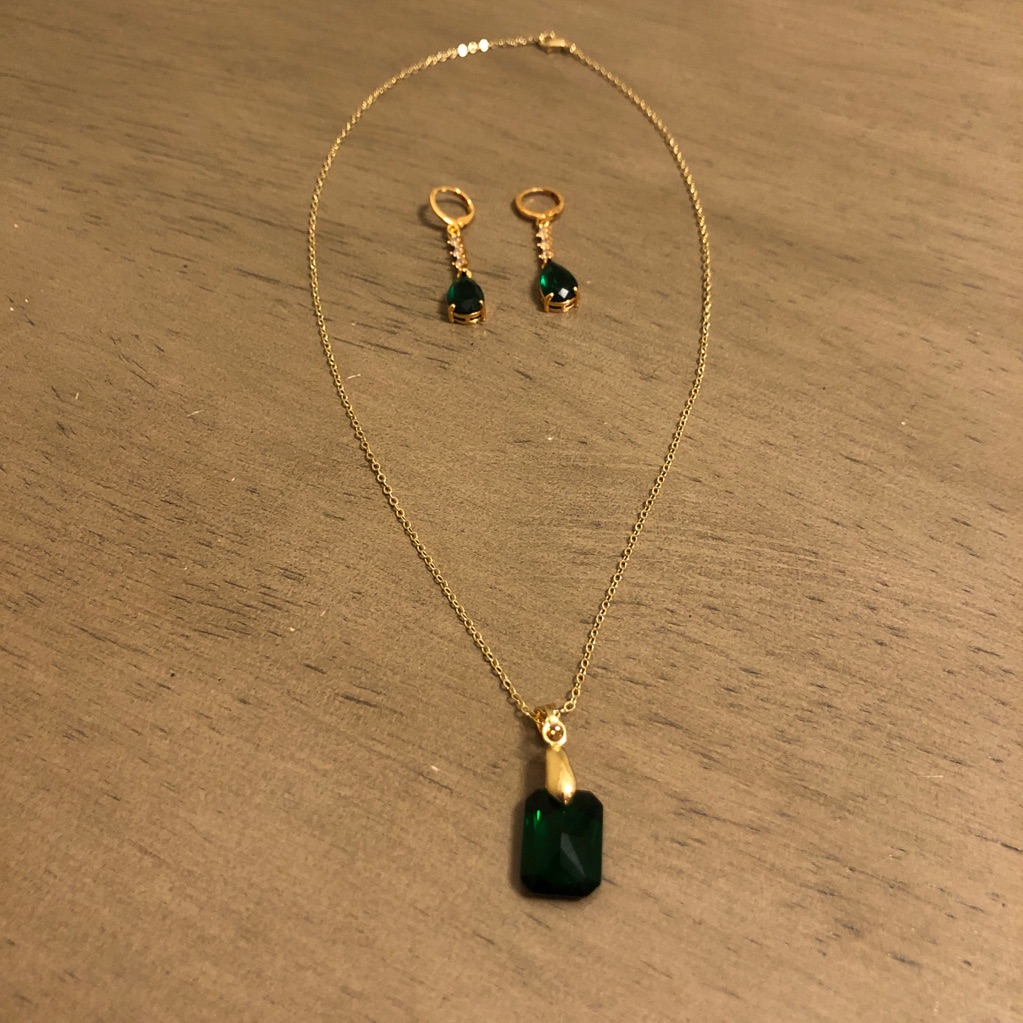 Gold Tone And Green Faux Gemstone Costume Jewelry Set